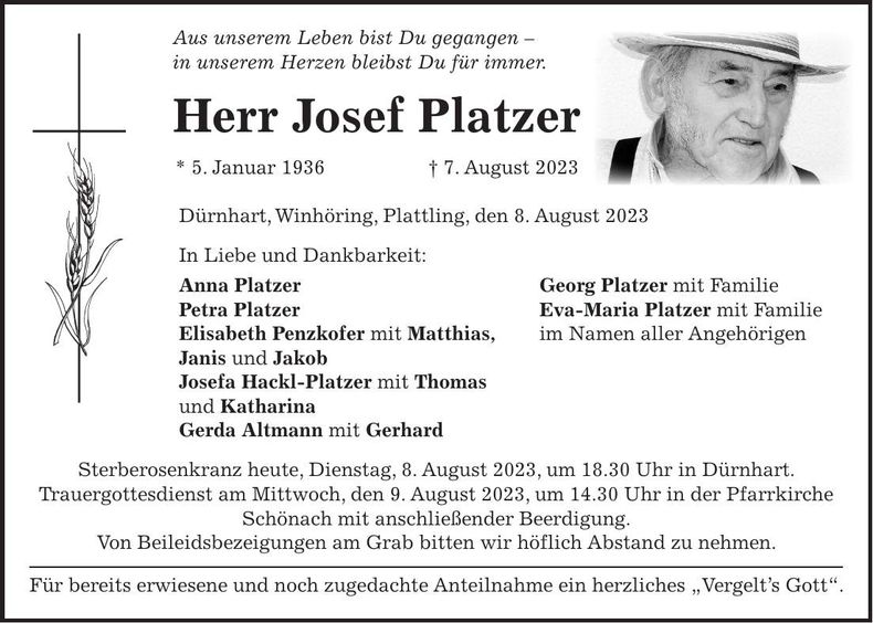 Traueranzeige Josef Platzer