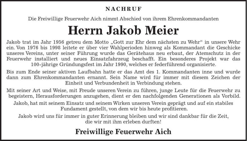 Traueranzeige Jakob Meier