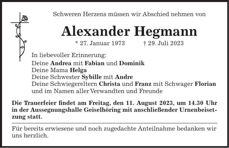 Traueranzeige Alexander Hegmann