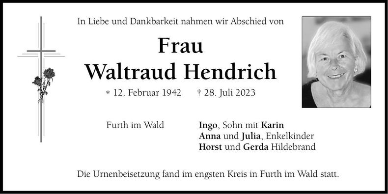 Traueranzeige Waltraud Hendrich
