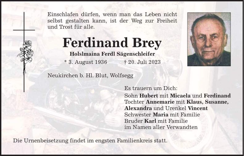 Traueranzeige Ferdinand Brey