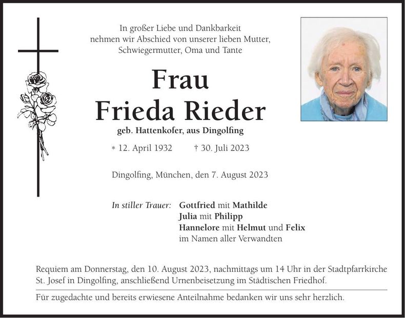 Traueranzeige Frieda Rieder