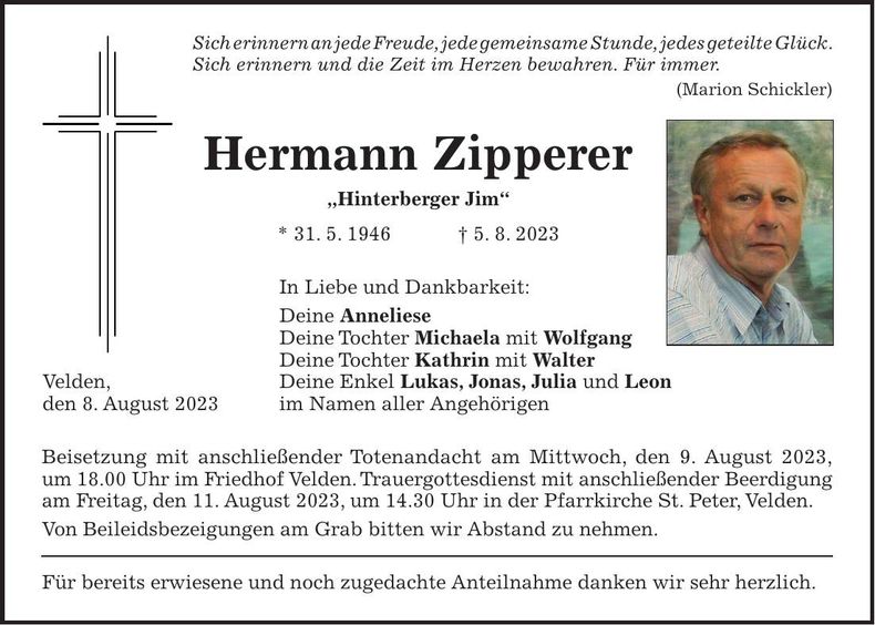Traueranzeige Hermann Zipperer