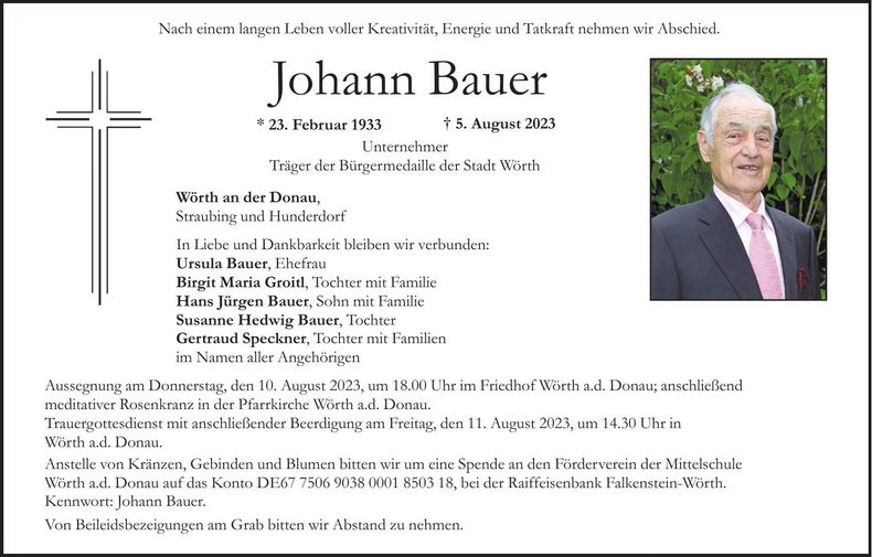 Traueranzeige Johann Bauer