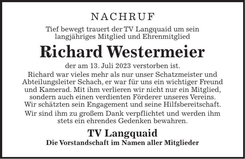 Traueranzeige Richard Westermeier