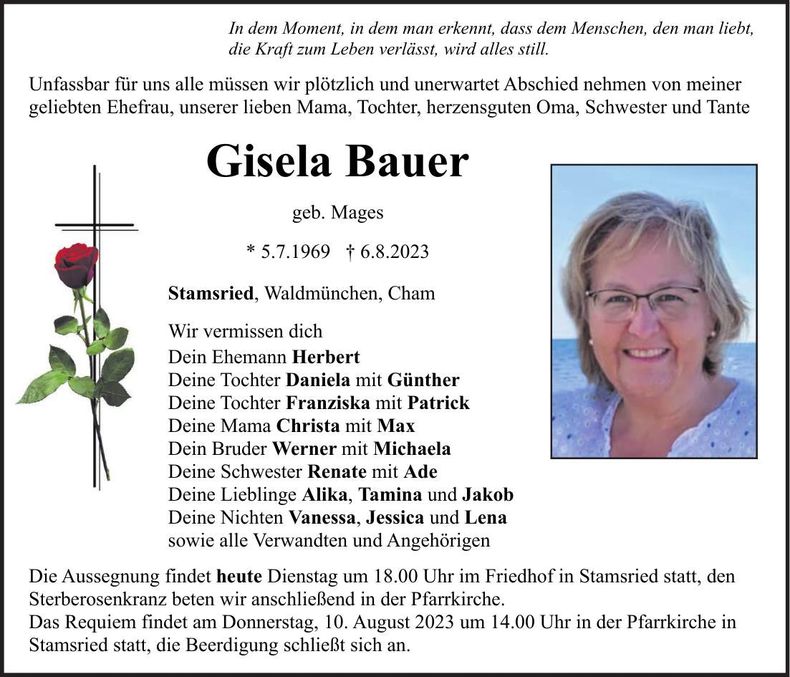 Traueranzeige Gisela Bauer