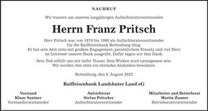 Traueranzeige Franz Pritsch