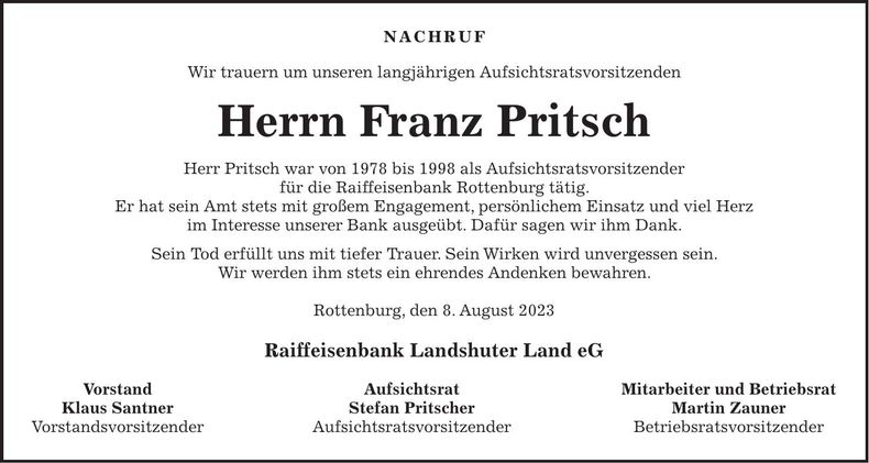 Traueranzeige Franz Pritsch