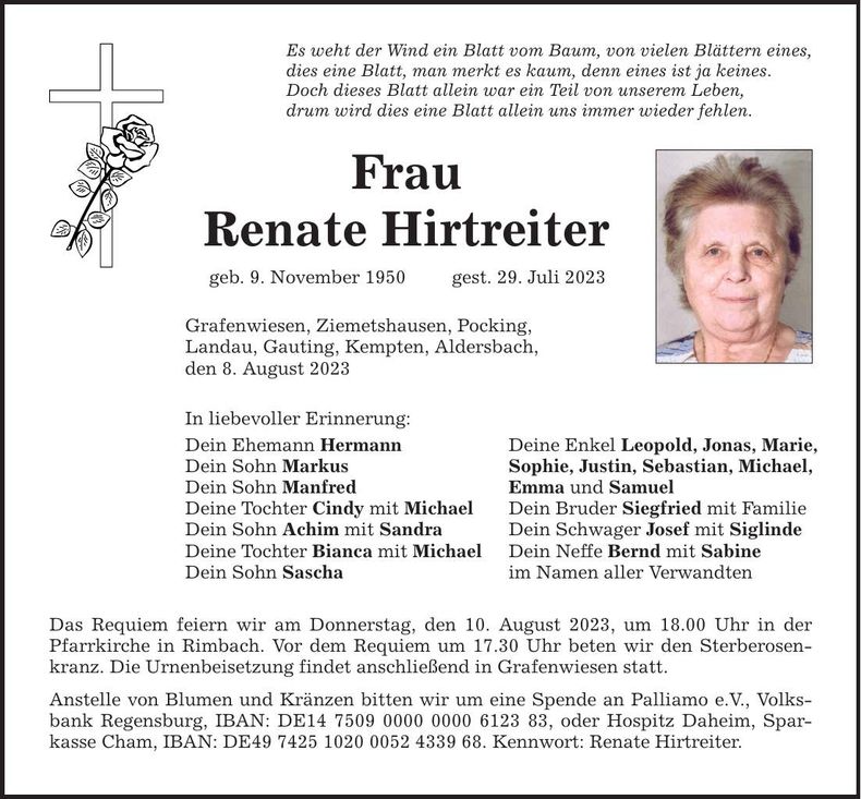 Traueranzeige Renate Hirtreiter