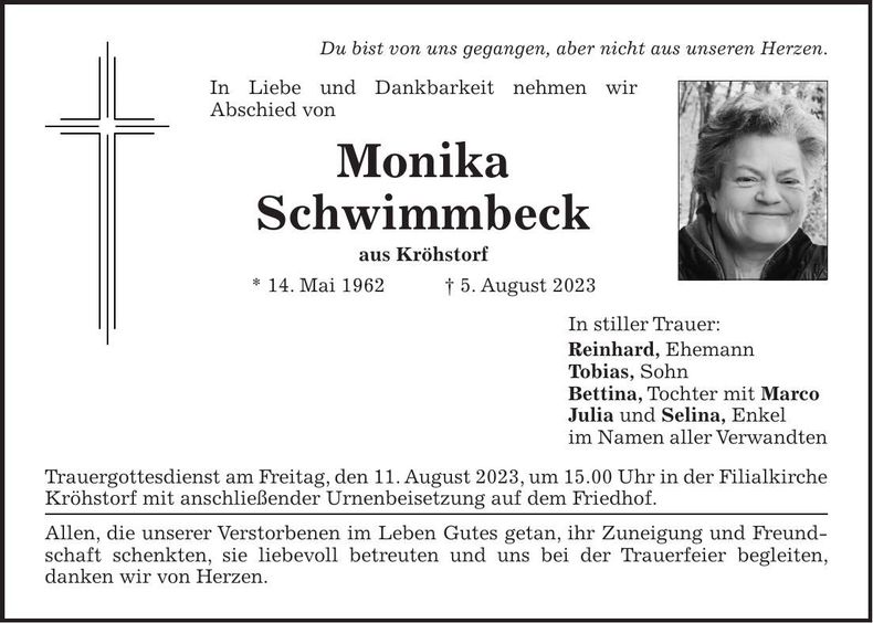 Traueranzeige Monika Schwimmbeck