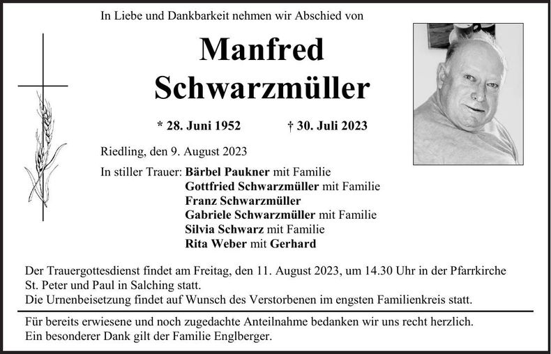 Traueranzeige Manfred Schwarzmüller