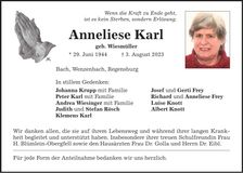 Traueranzeige Anneliese Karl