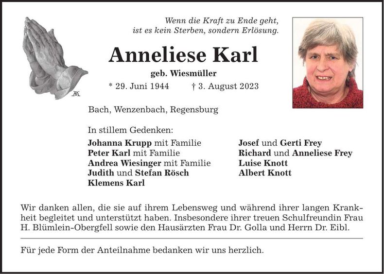 Traueranzeige Anneliese Karl