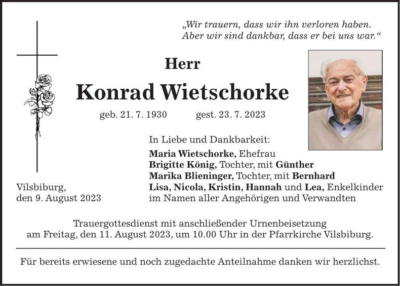 Traueranzeige Konrad Wietschorke
