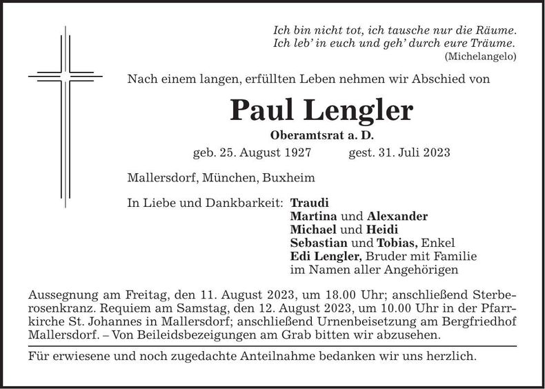 Traueranzeige Paul Lengler