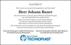 Traueranzeige Johann Bauer