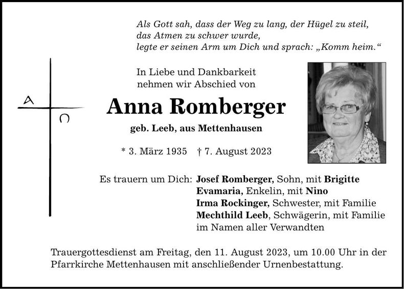 Traueranzeige Anna Romberger