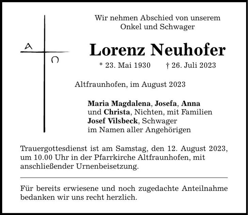 Traueranzeige Lorenz Neuhofer