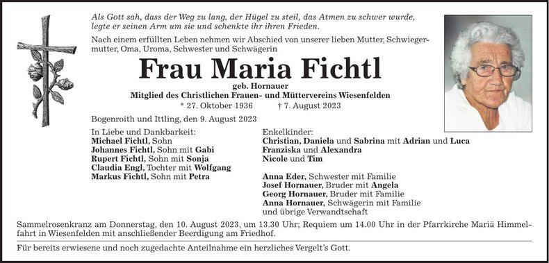 Traueranzeige Maria Fichtl