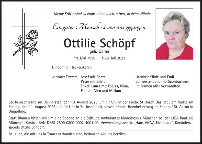 Traueranzeige Ottilie Schöpf