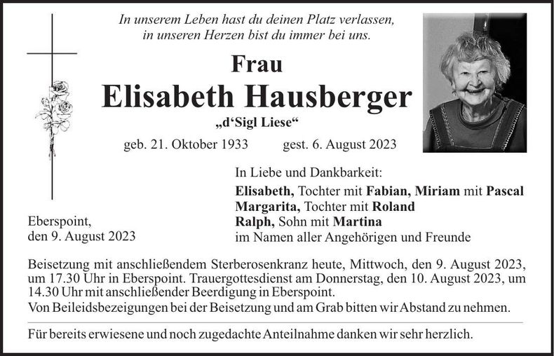 Traueranzeige Elisabeth Hausberger