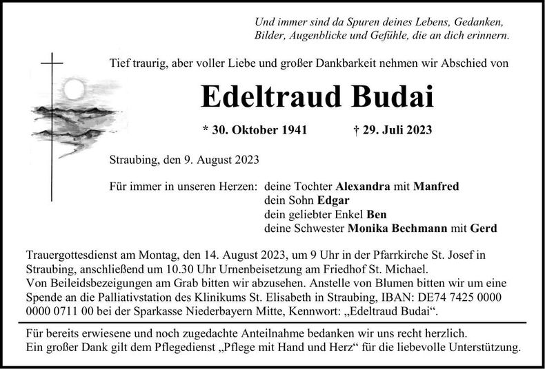 Traueranzeige Edeltraud Budai
