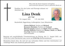 Traueranzeige Lina Denk