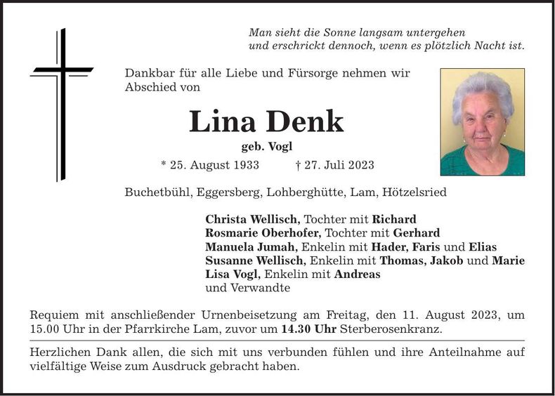Traueranzeige Lina Denk