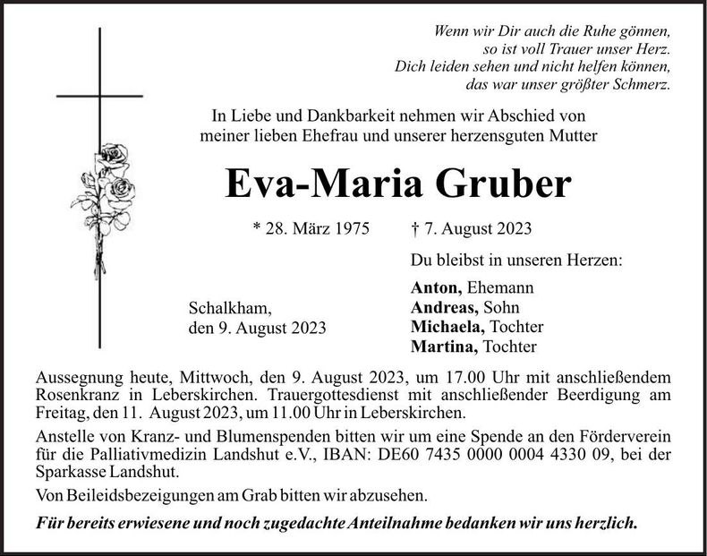 Traueranzeige Eva-Maria Gruber