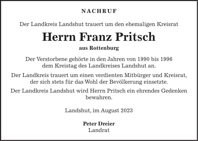 Traueranzeige Franz Pritsch