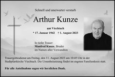 Traueranzeige Arthur Kunze
