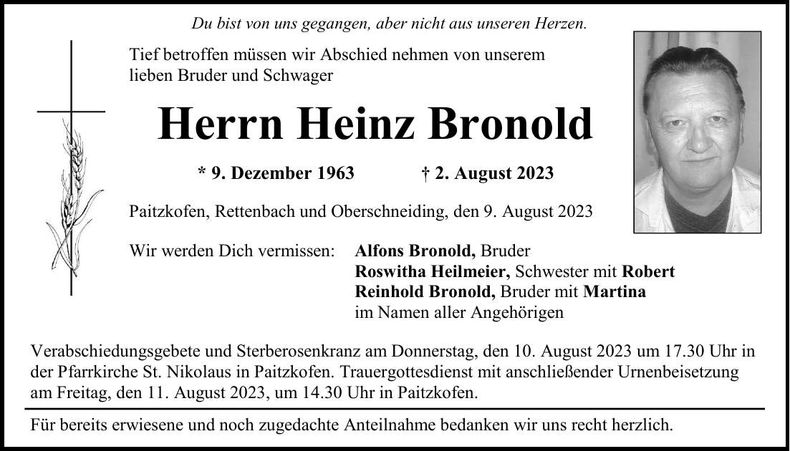 Traueranzeige Heinz Bronold