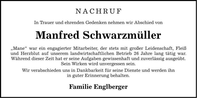 Traueranzeige Manfred Schwarzmüller