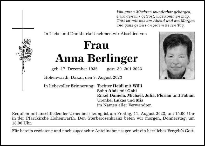 Traueranzeige Anna Berlinger