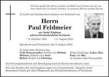 Traueranzeige Paul Feldmeier
