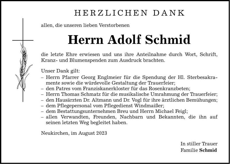 Traueranzeige Adolf Schmid
