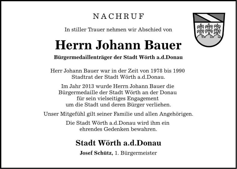Traueranzeige Johann Bauer