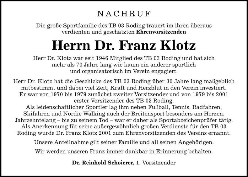 Traueranzeige Franz Dr. Klotz
