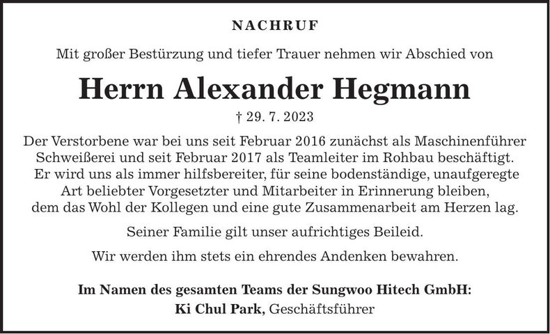 Traueranzeige Alexander Hegmann