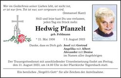 Traueranzeige Hedwig Pfanzelt