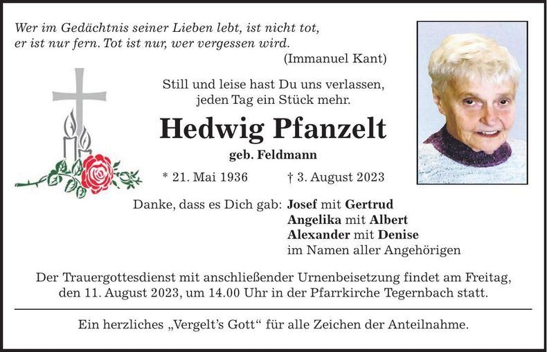 Traueranzeige Hedwig Pfanzelt