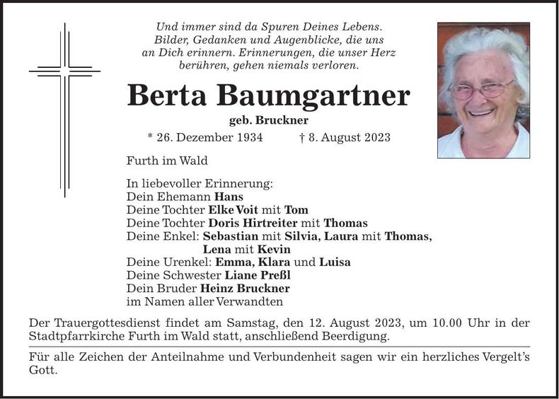 Traueranzeige Berta Baumgartner