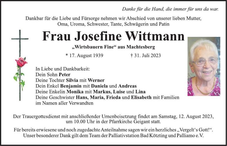 Traueranzeige Josefine Wittmann