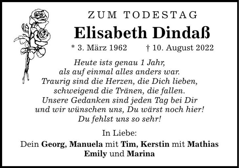 Traueranzeige Elisabeth Dindaß