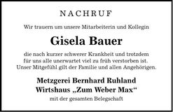 Traueranzeige Gisela Bauer