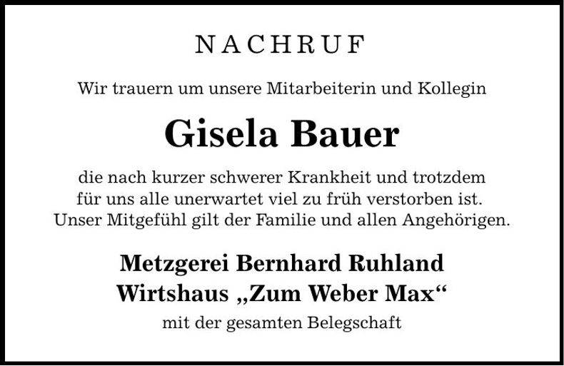 Traueranzeige Gisela Bauer