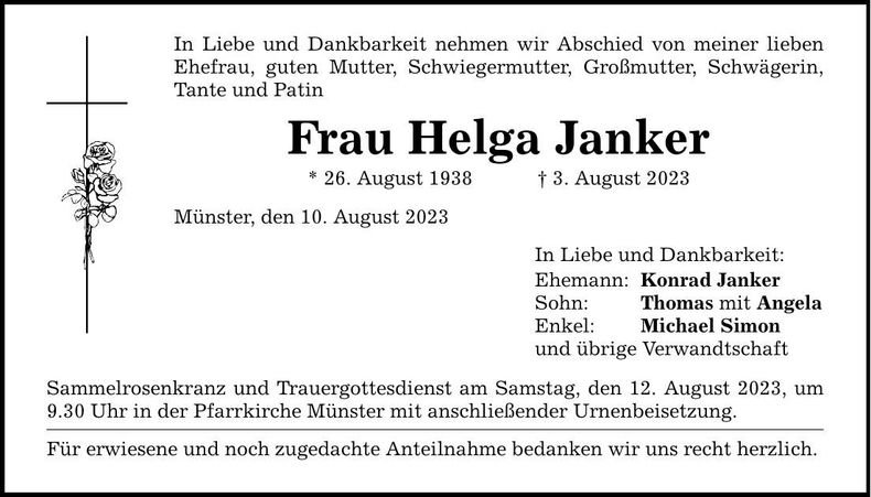 Traueranzeige Helga Janker