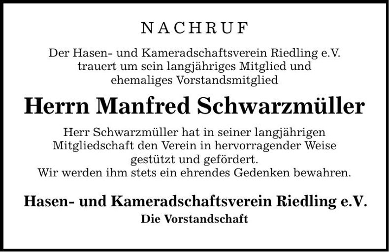 Traueranzeige Manfred Schwarzmüller