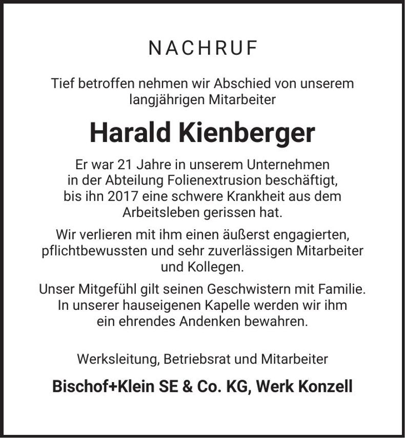 Traueranzeige Harald Kienberger