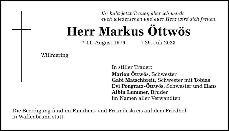 Traueranzeige Markus Öttwös